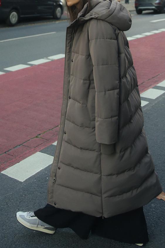 LONG HOODED WATER AND WIND RESISTANT PUFFER JACKET