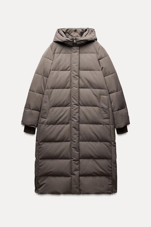 LONG HOODED WATER AND WIND RESISTANT PUFFER JACKET