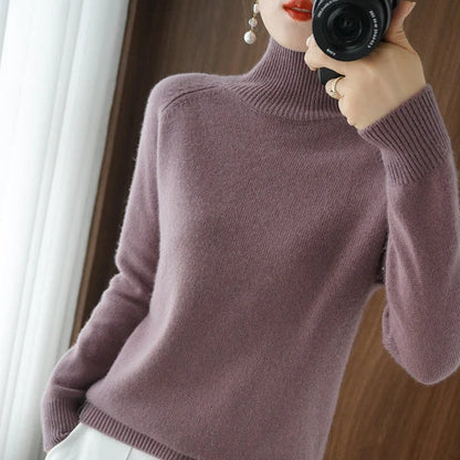 Pull en Tricot à Col Roulé Uni Pour Femme