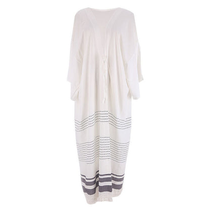 Kimono de plage long beige clair pour femme avec rayures et franges Nolisse.....
