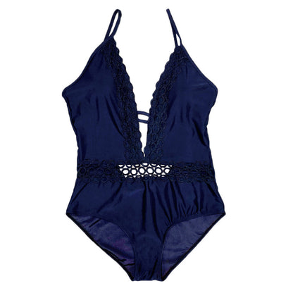 Maillot de bain une pièce bleu marine pour femme Nolisse avec grand décolleté plongeant en dentelle et découpe ajourée à la taille...