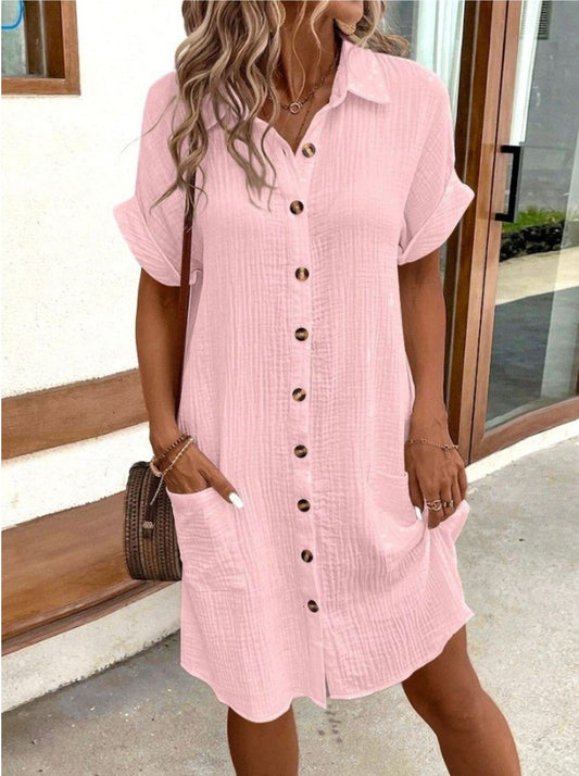 Robe chemise en lin rose mi-longue pour femme avec boutons et poches Nolisse