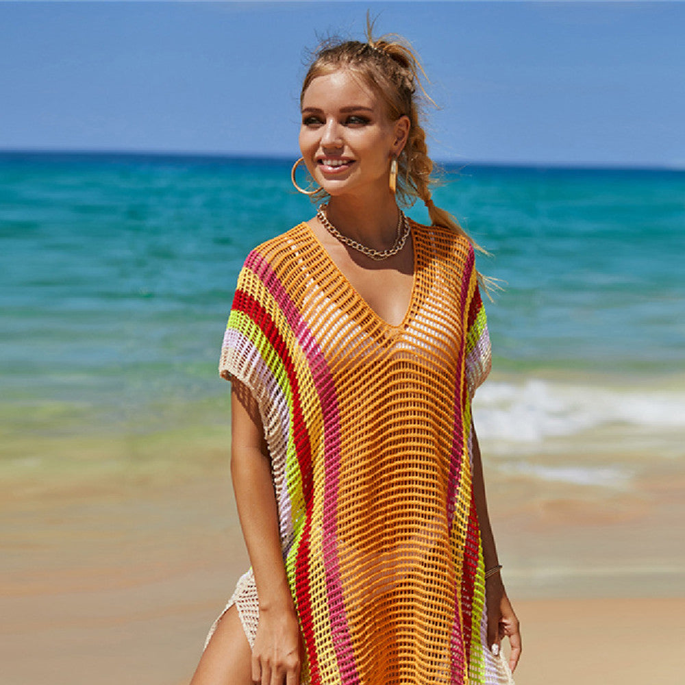 Tunique de plage en maille orange Nolisse avec rayures verticales arc-en-ciel vibrantes pour femme, idéale pour l'été.