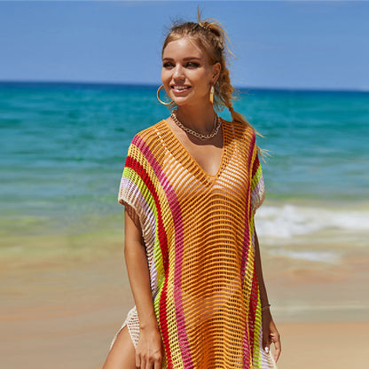 Tunique de plage en maille orange Nolisse avec rayures verticales arc-en-ciel vibrantes pour femme, idéale pour l'été.